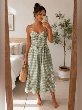 Trixxi Green Gingham Midi Dress with Spaghetti Straps